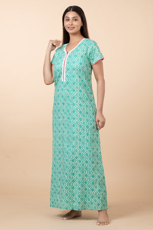 Printed Cotton Nighty with Lace Embellishment - Aqua Green