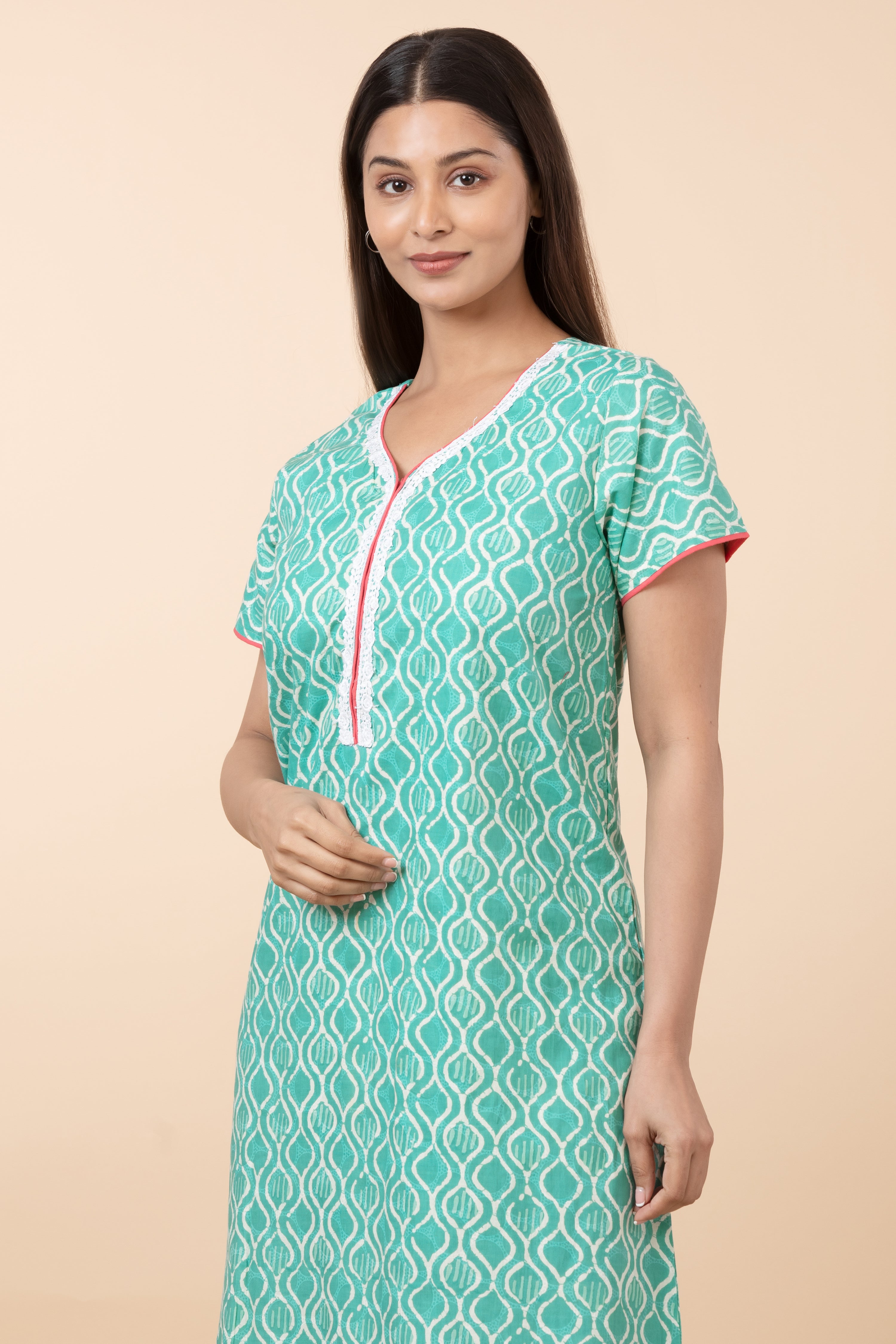 Printed Cotton Nighty with Lace Embellishment - Aqua Green