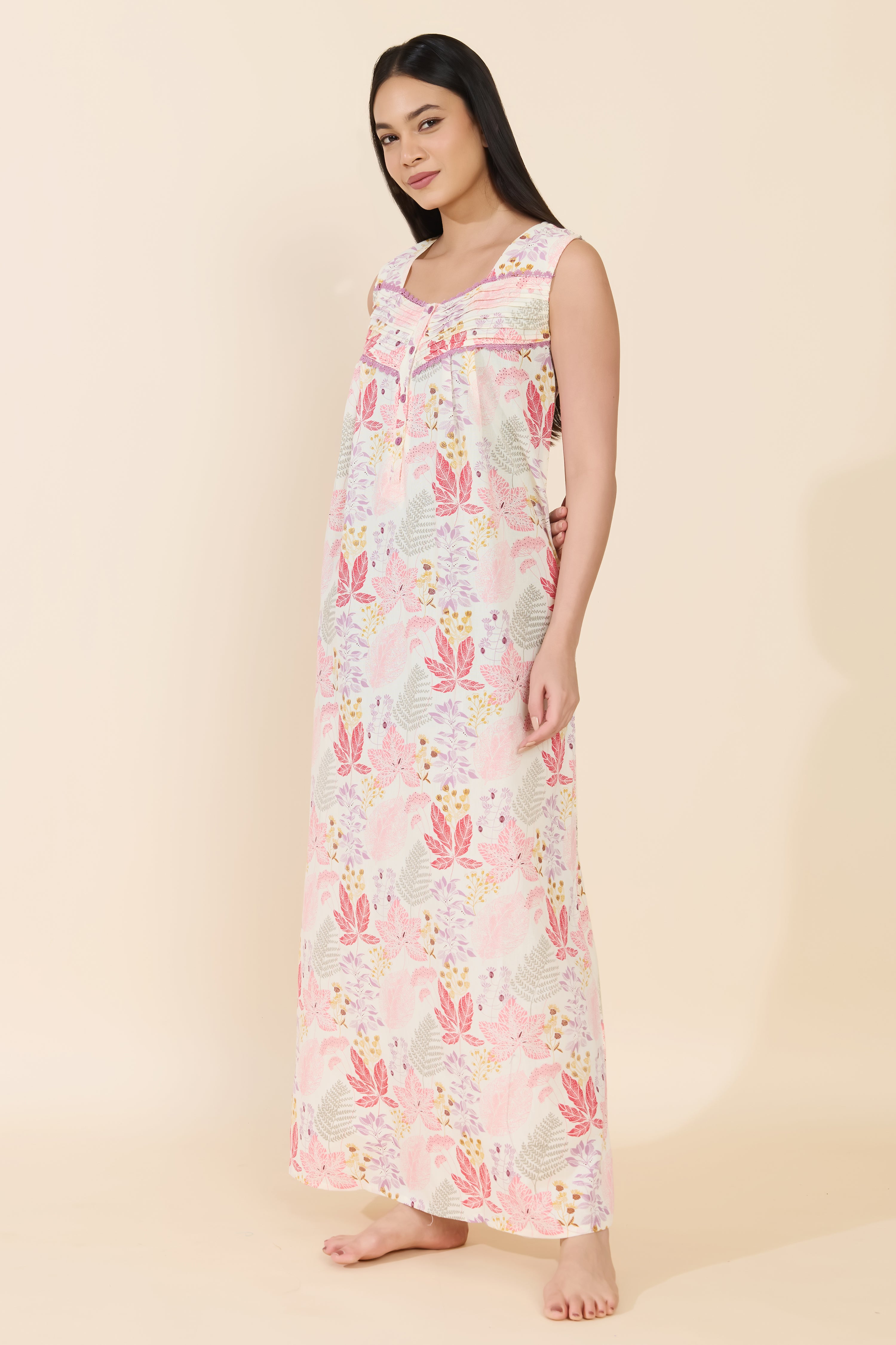 PINK TROPICAL LEAF PRINTED COTTON NIGHTWEAR