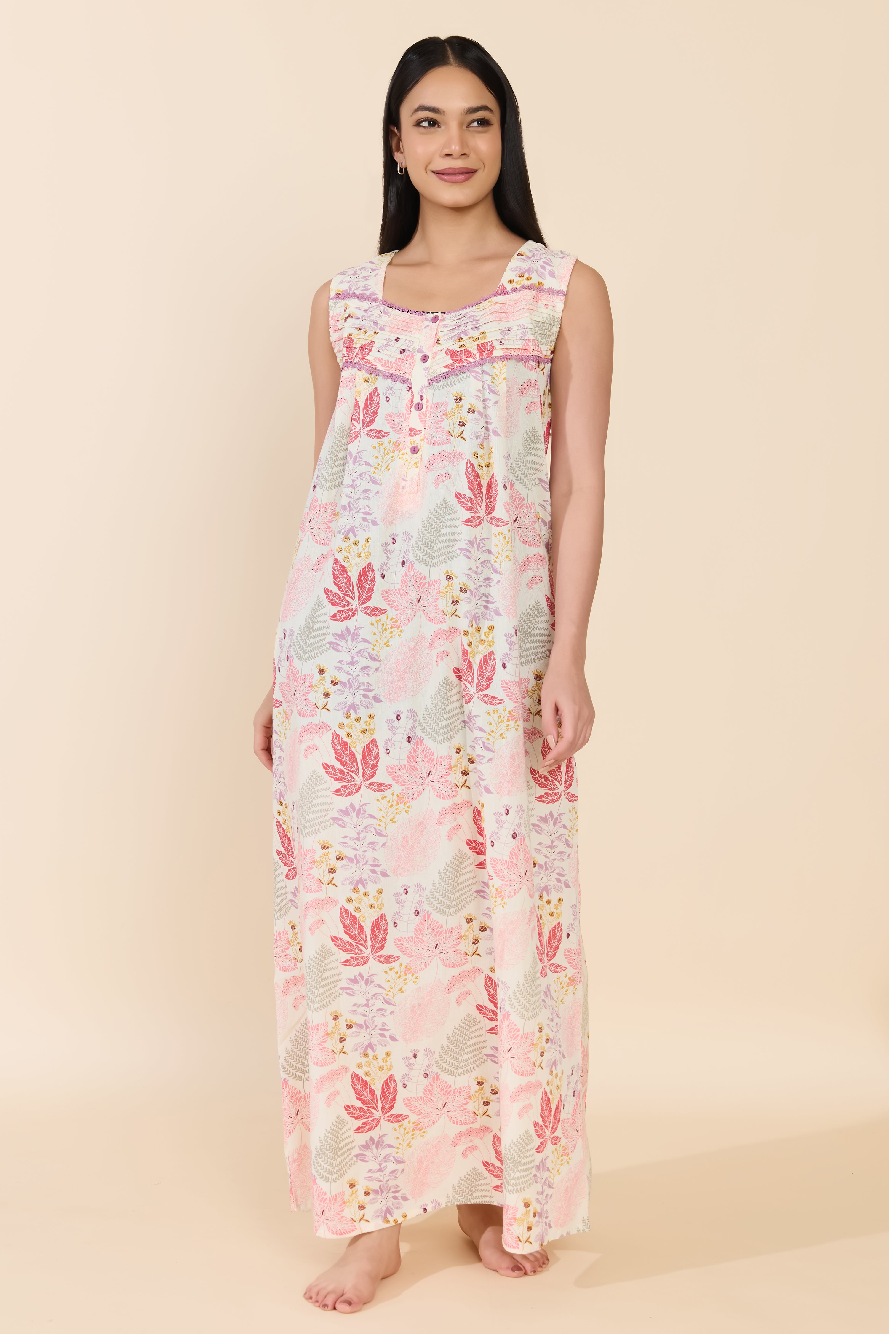PINK TROPICAL LEAF PRINTED COTTON NIGHTWEAR