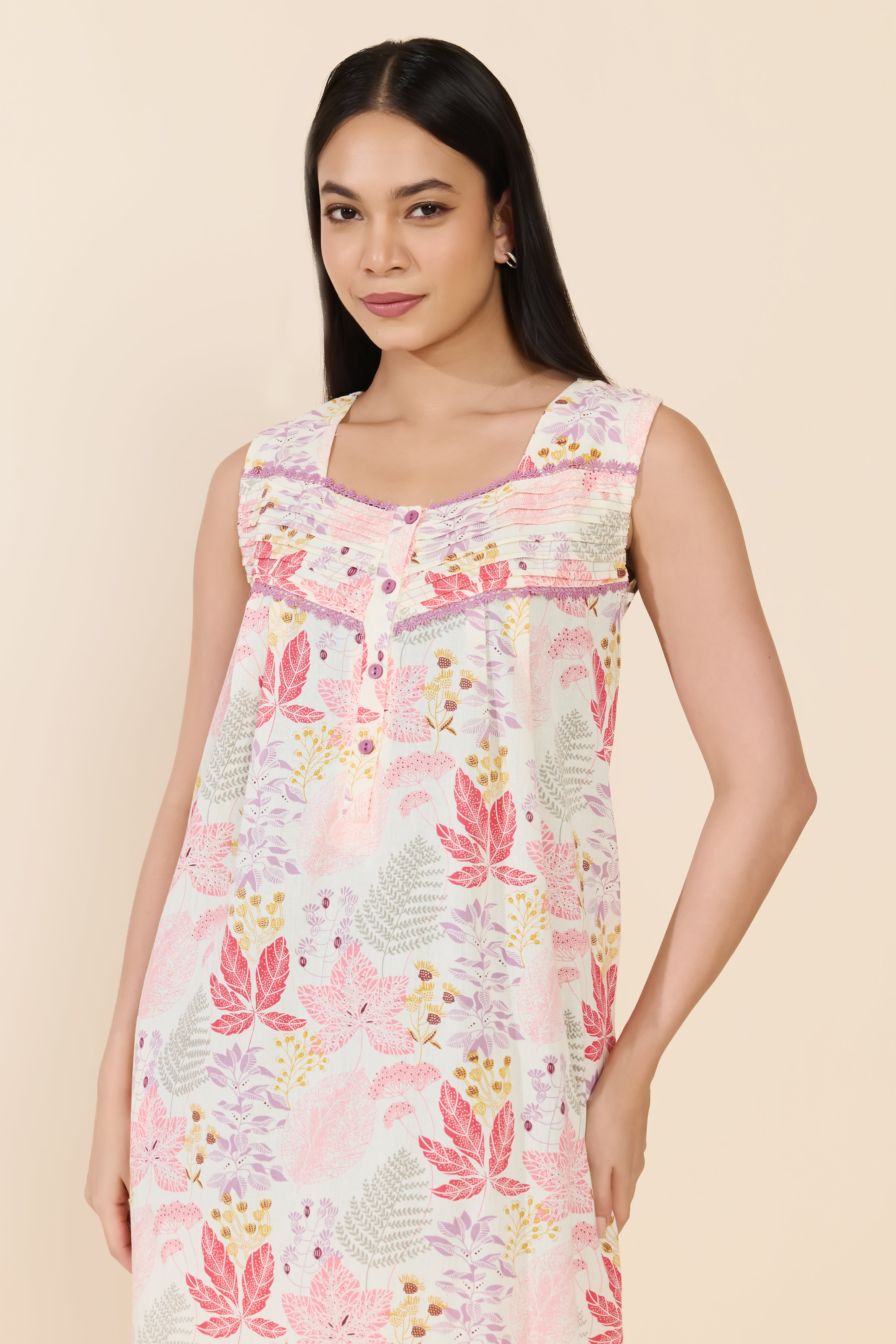 PINK TROPICAL LEAF PRINTED COTTON NIGHTWEAR