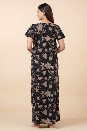 Floral Printed  Nightwear with Embroidered Foil Mirror Yoke - Black