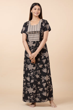 Floral Printed  Nightwear with Embroidered Foil Mirror Yoke - Black