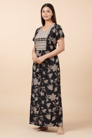 Floral Printed  Nightwear with Embroidered Foil Mirror Yoke - Black