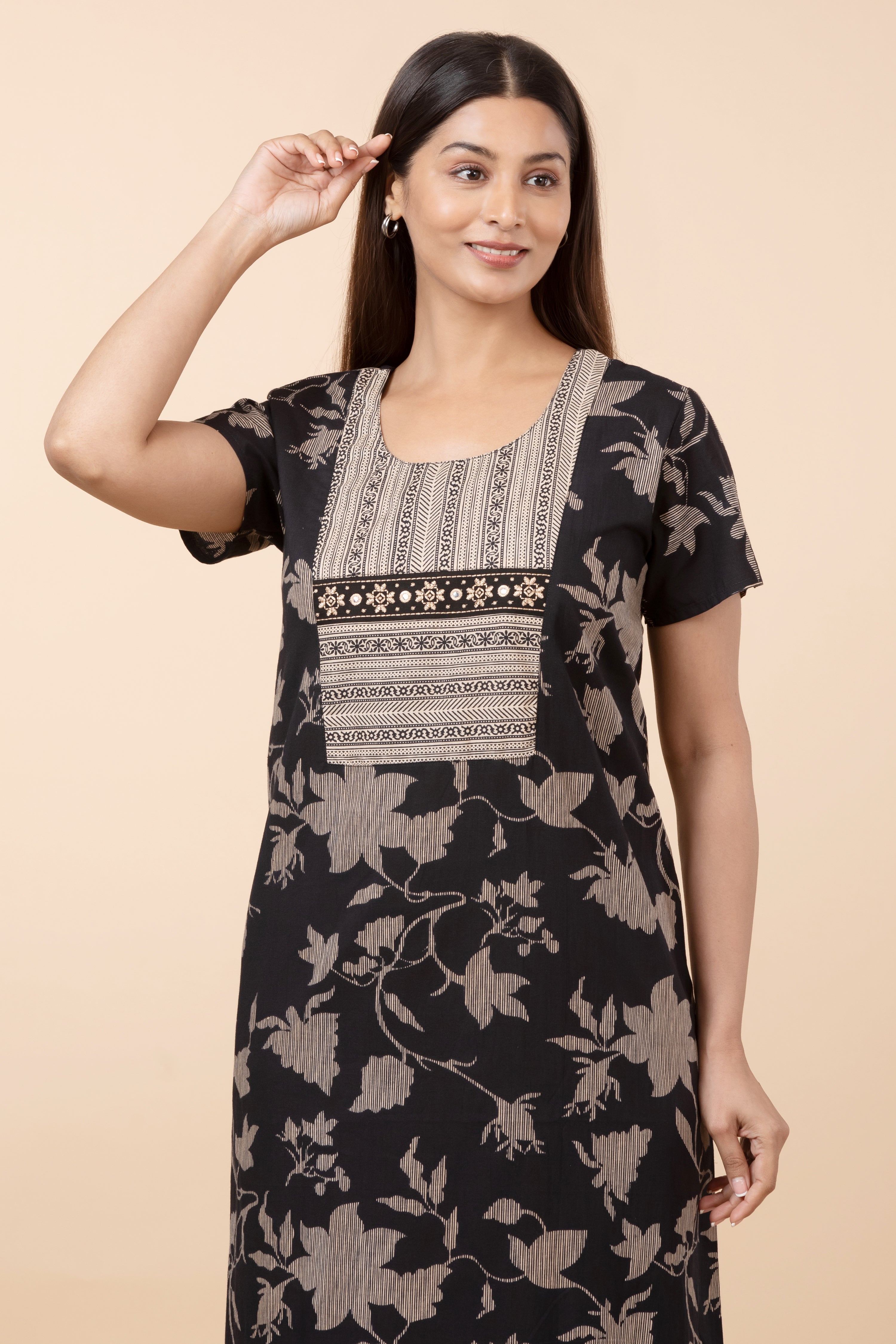 Floral Printed  Nightwear with Embroidered Foil Mirror Yoke - Black