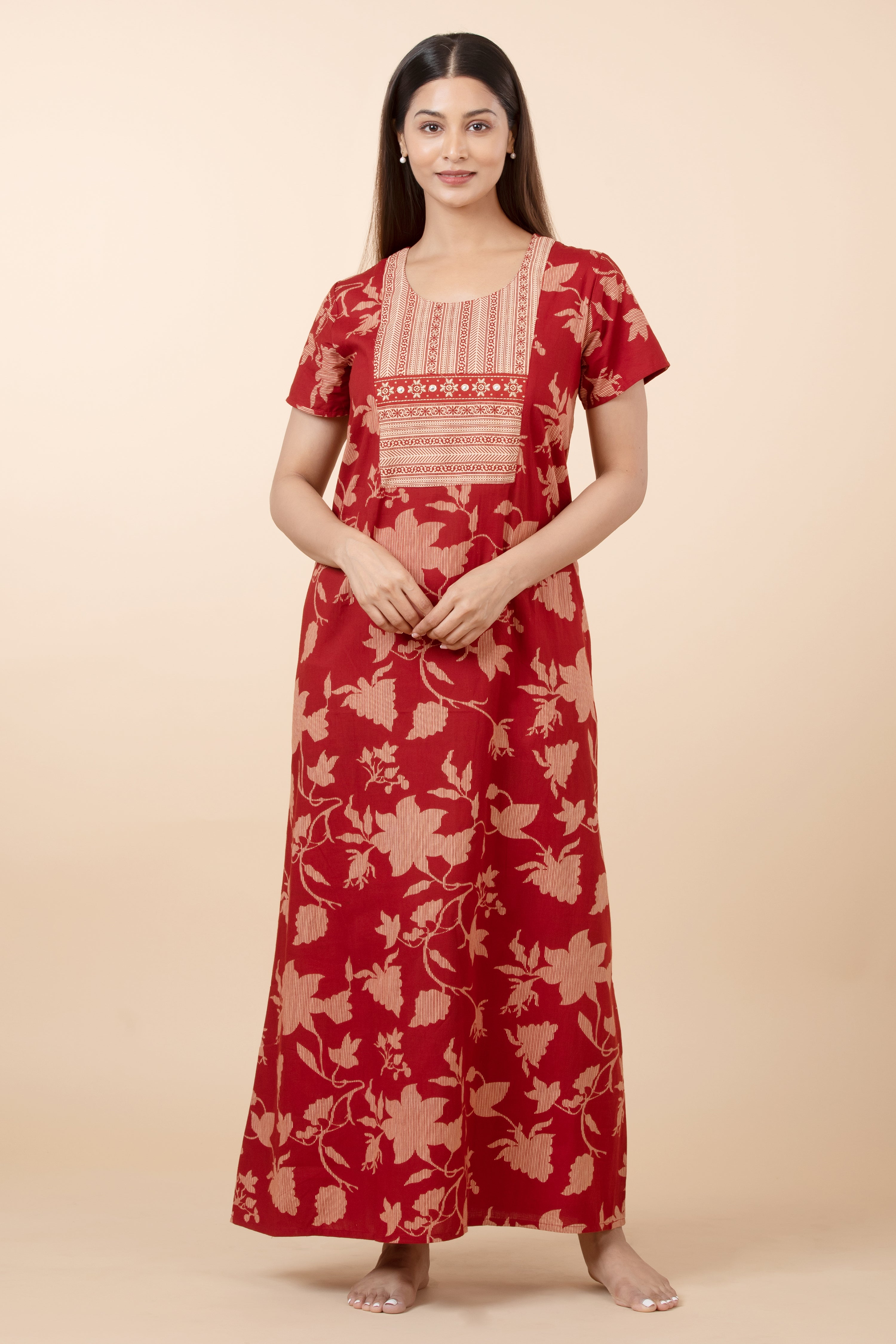 Floral Printed Cotton Nighty - Rust