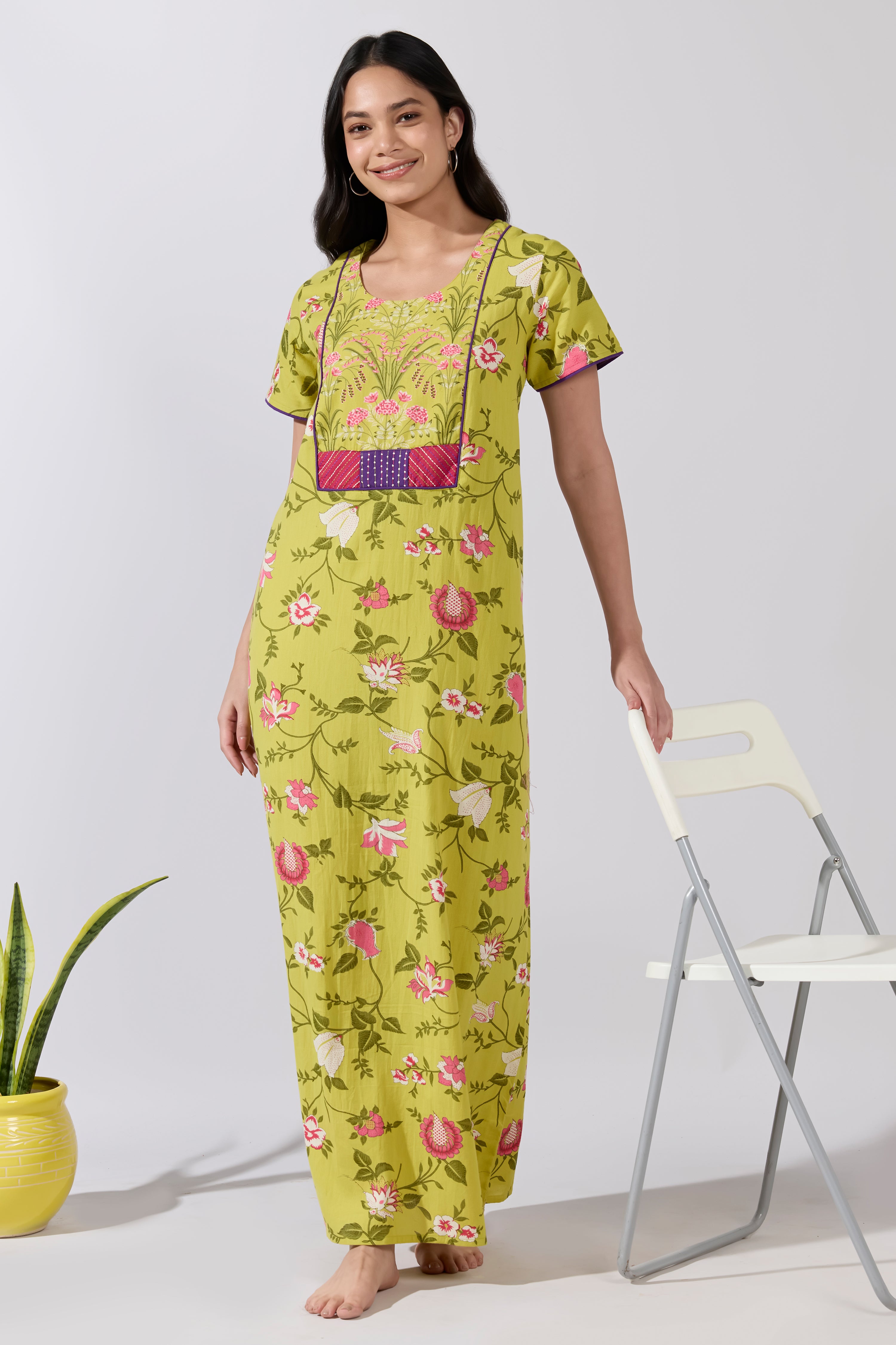 Green Floral Printed Cotton Nightwear