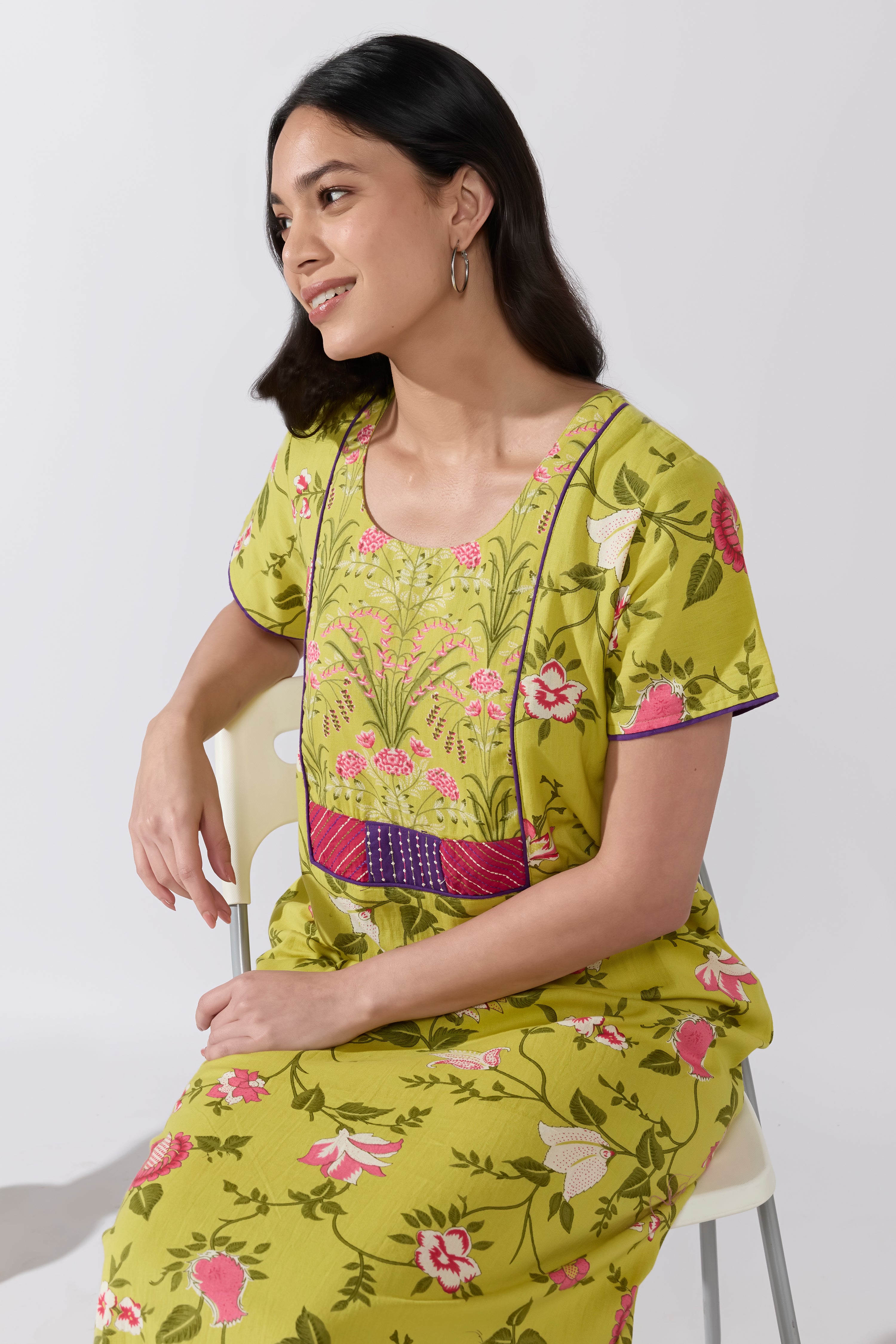 Green Floral Printed Cotton Nightwear