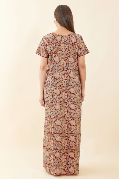 All Over Kalamkari Printed With Floral Embroidered Yoke Nighty - Red
