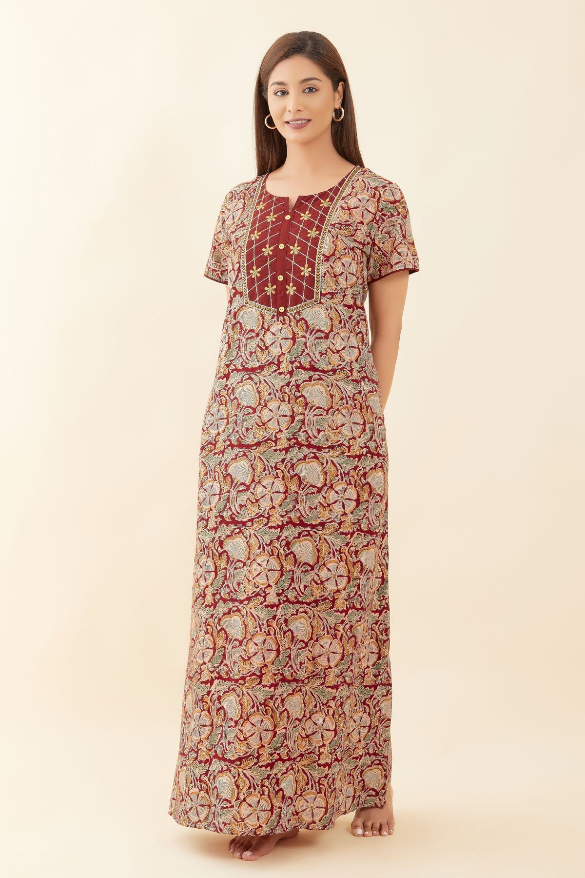 All Over Kalamkari Printed With Floral Embroidered Yoke Nighty - Red