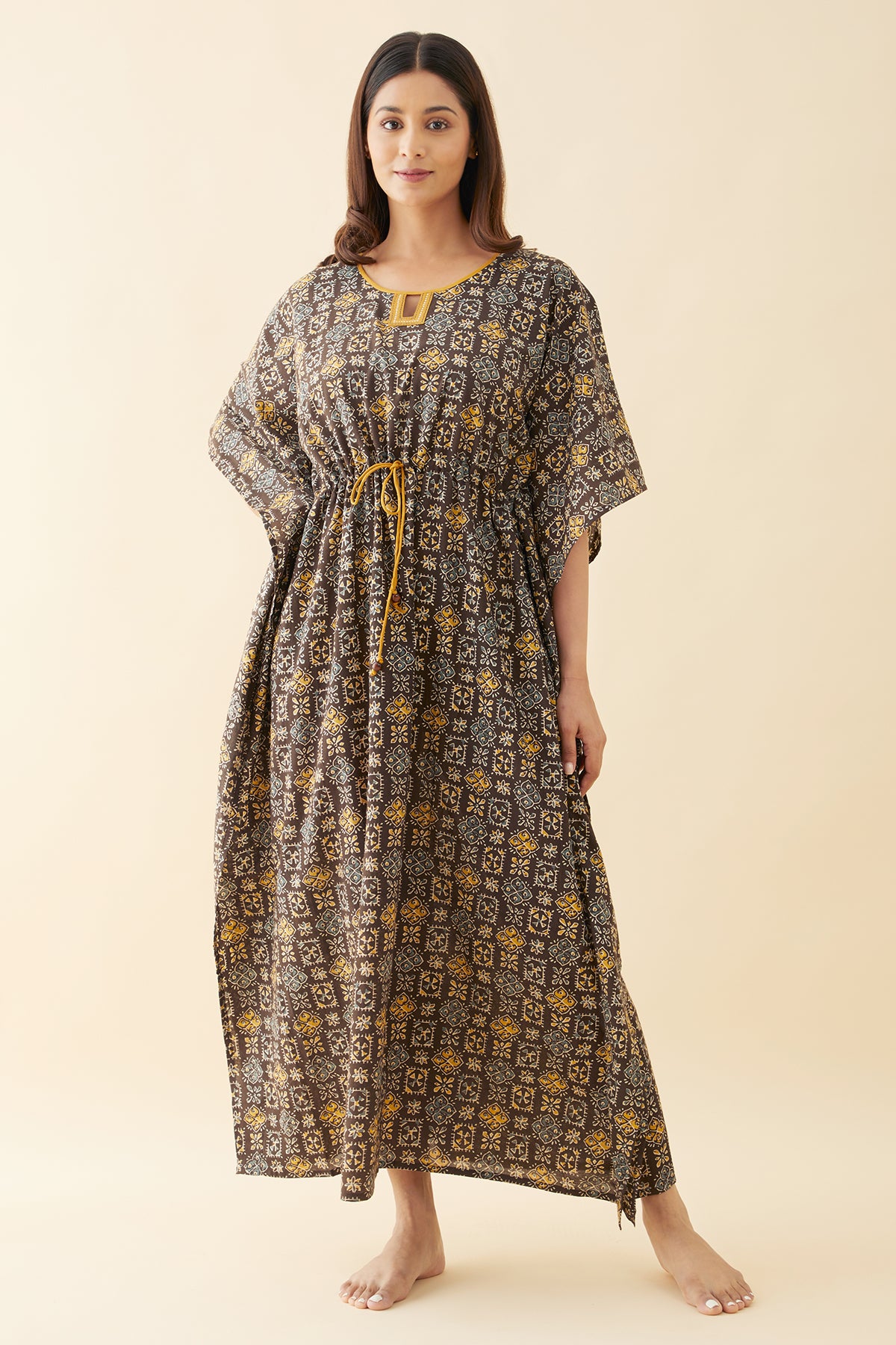 Block Printed Waist Tie-Up Kaftan - Brown
