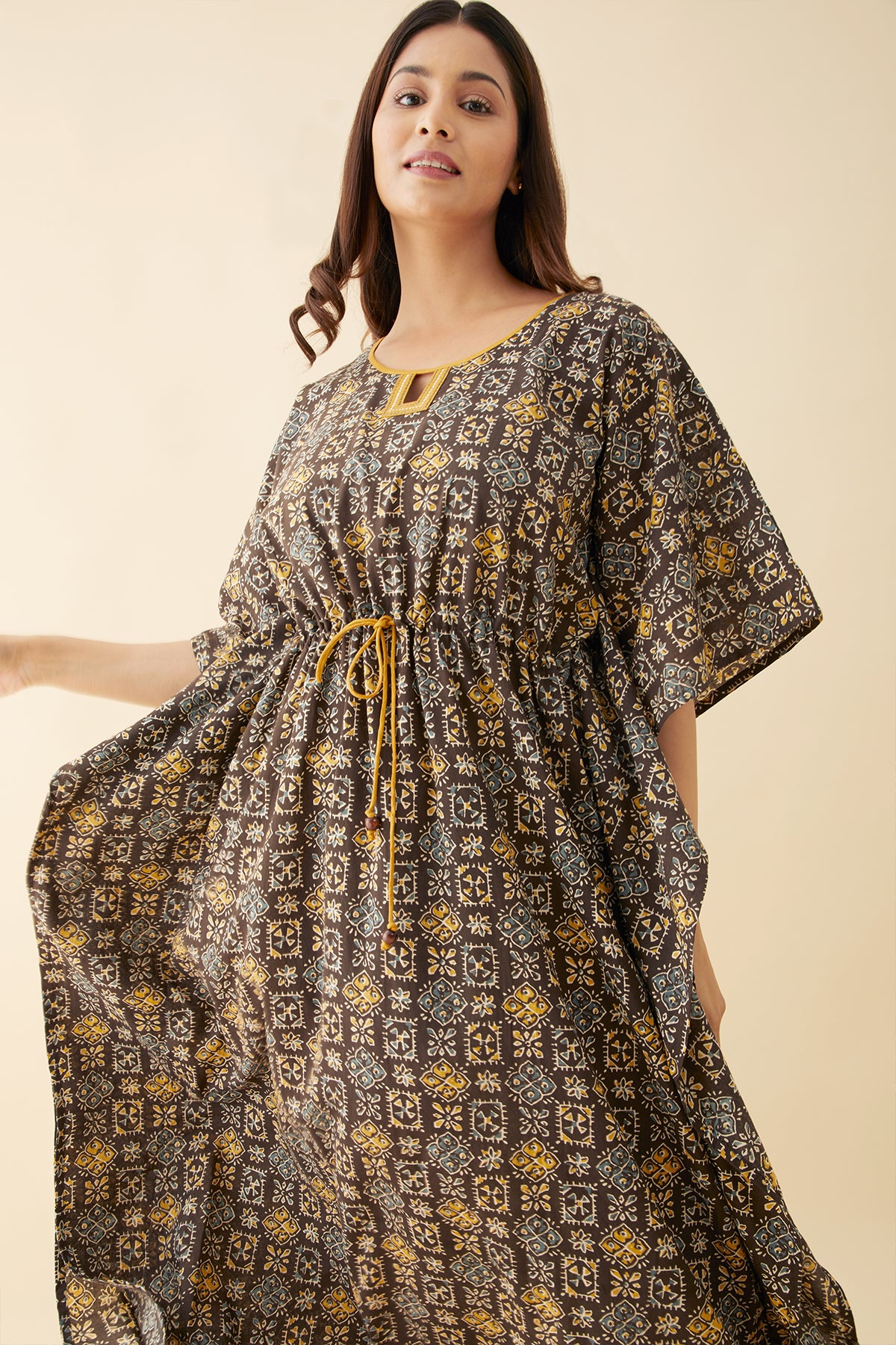 Block Printed Waist Tie-Up Kaftan - Brown
