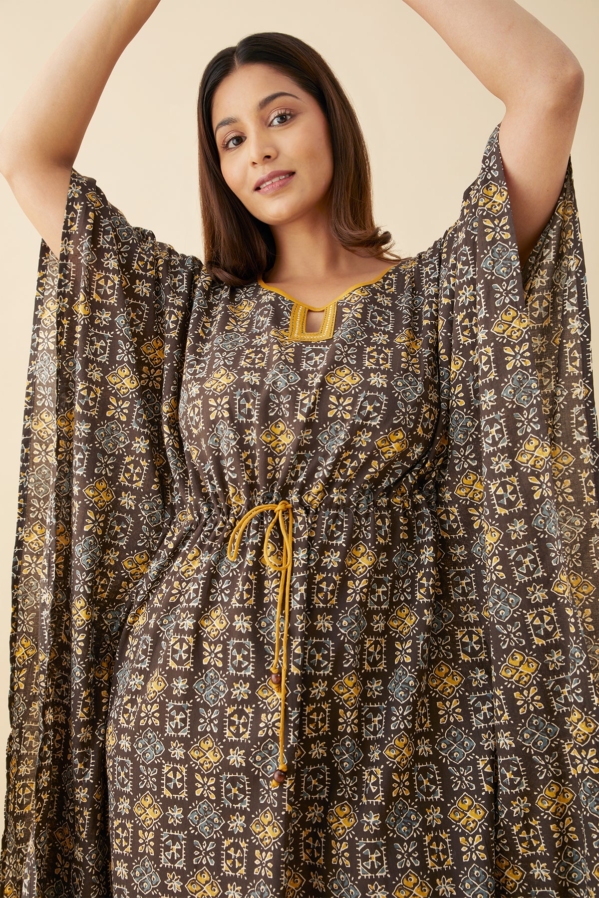 Block Printed Waist Tie-Up Kaftan - Brown
