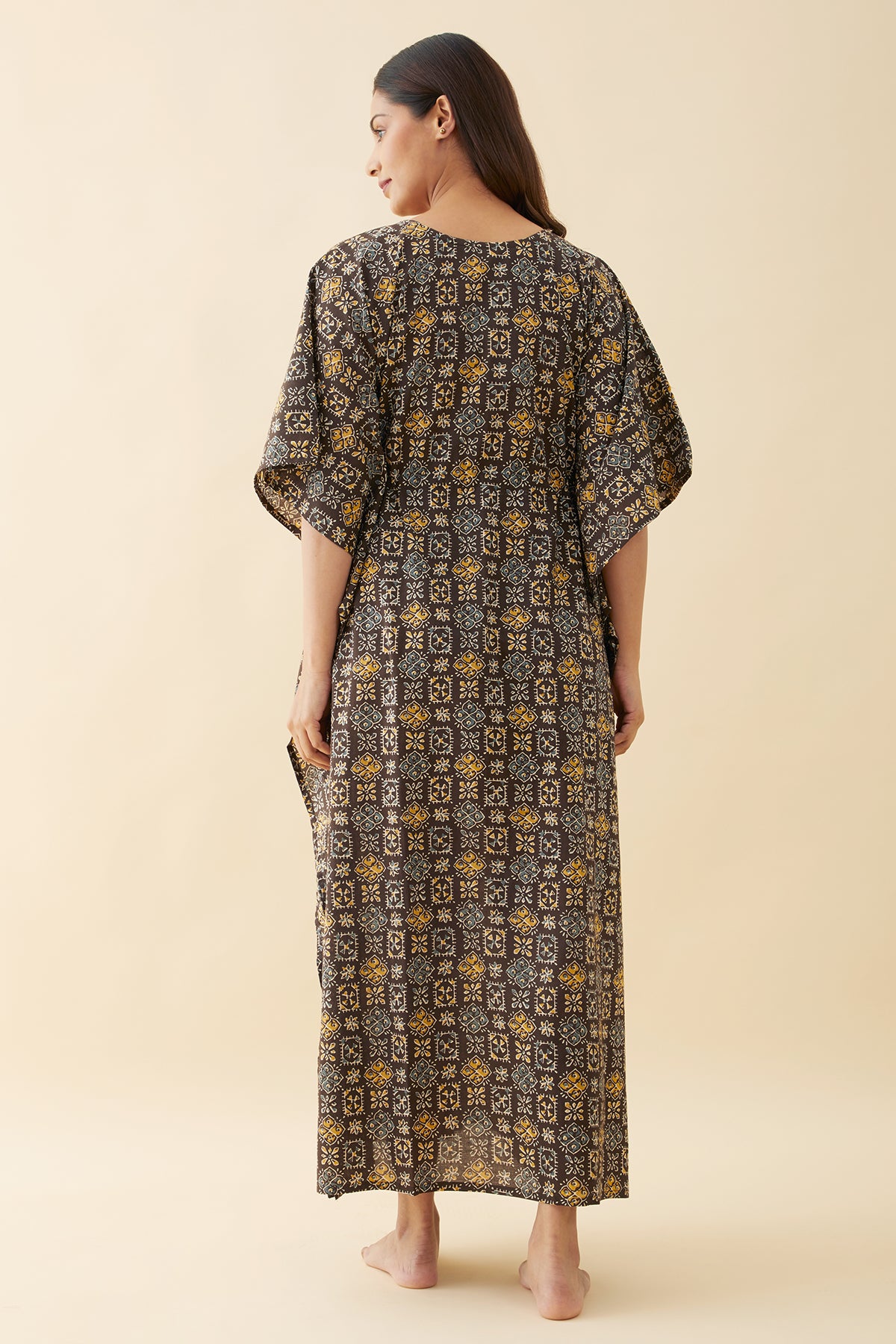 Block Printed Waist Tie-Up Kaftan - Brown
