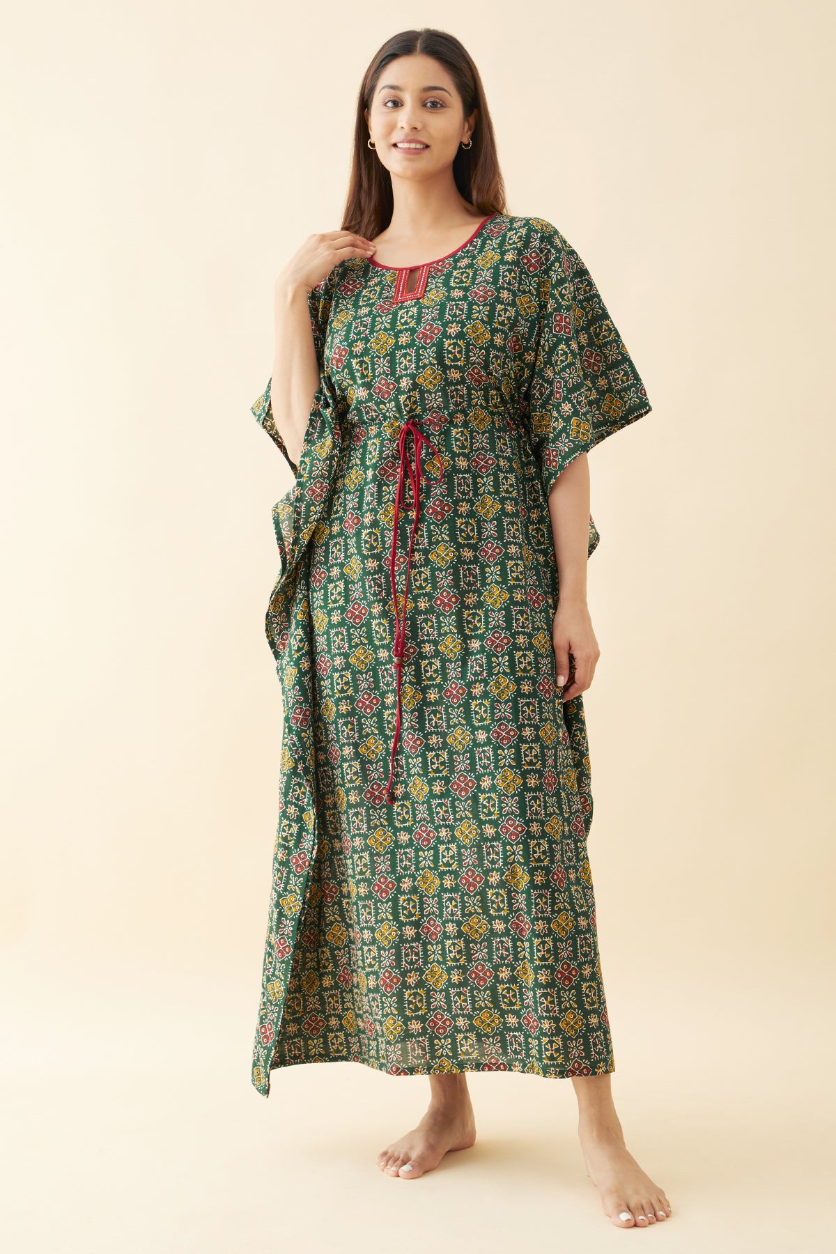 Block Printed Waist Tie-Up Kaftan - Green
