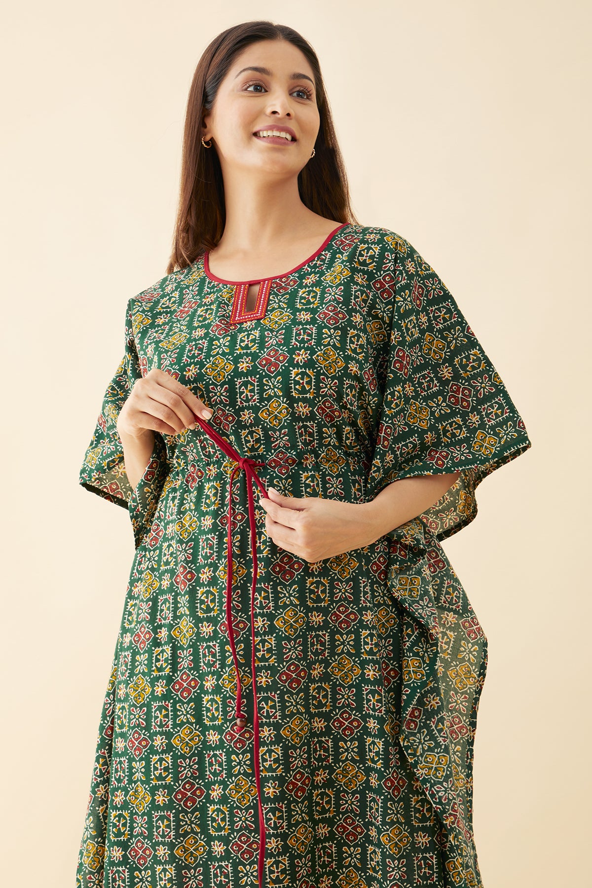 Block Printed Waist Tie-Up Kaftan - Green
