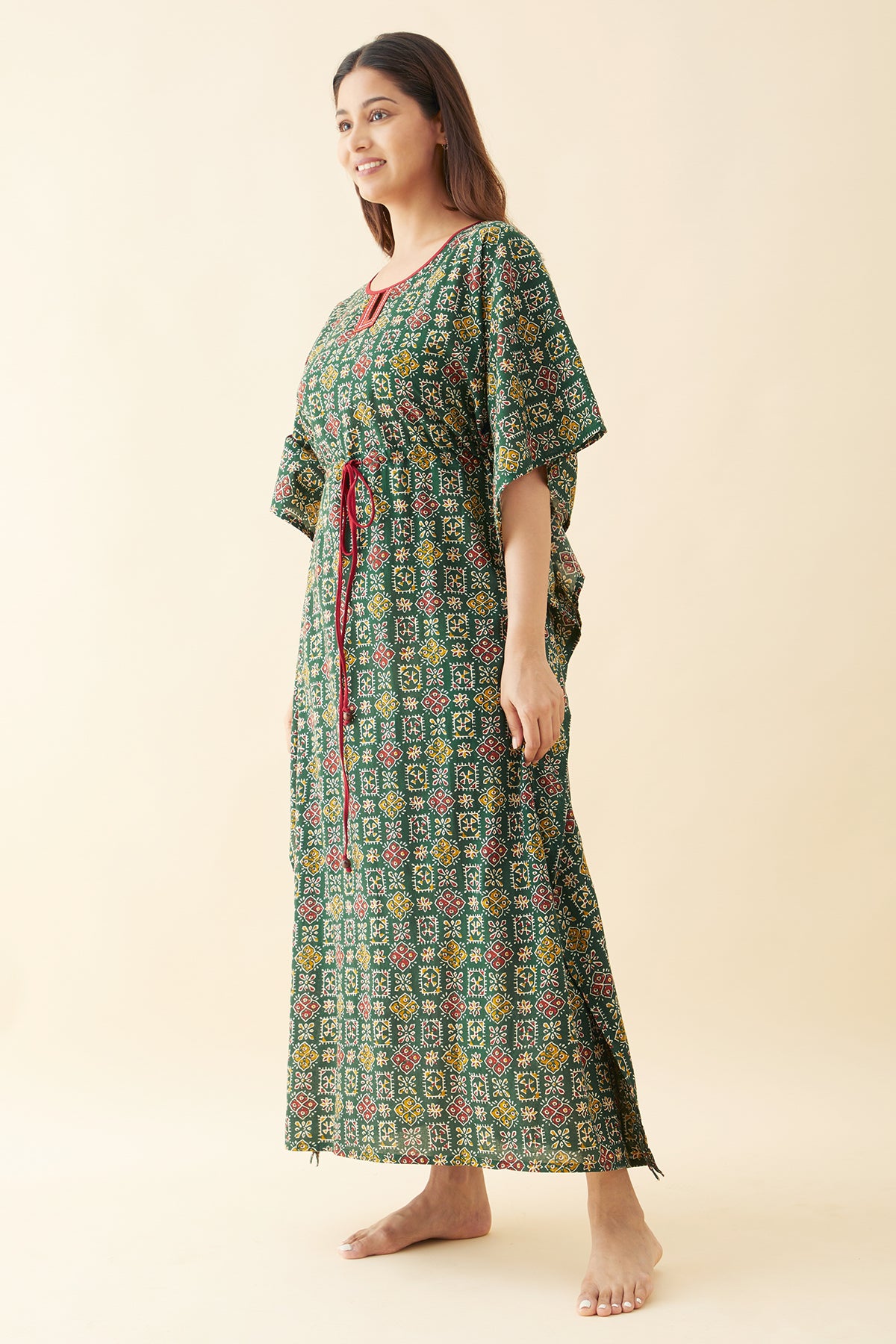 Block Printed Waist Tie-Up Kaftan - Green
