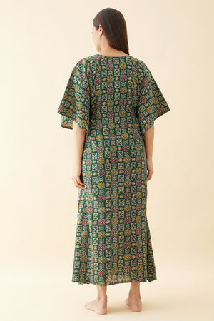 Block Printed Waist Tie-Up Kaftan - Green
