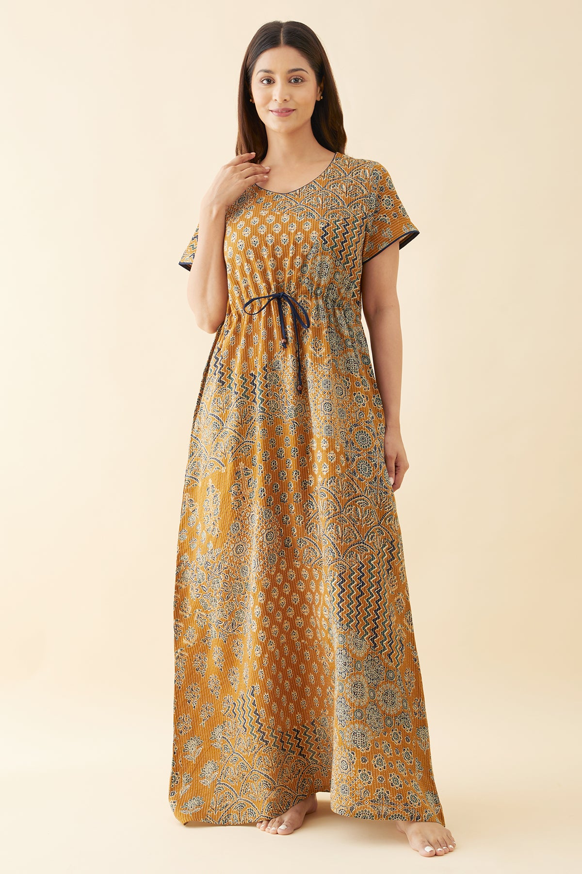 Floral Printed Nighty with Waist Tie-Up - Mustard