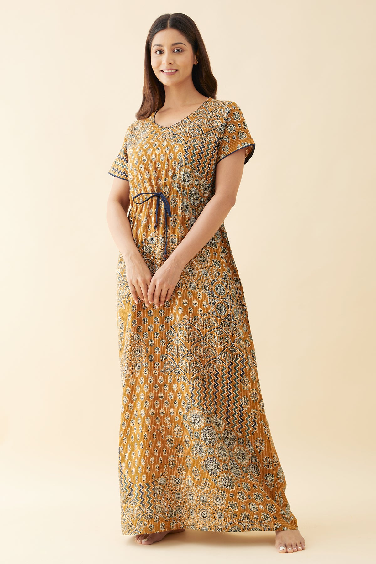 Floral Printed Nighty with Waist Tie-Up - Mustard