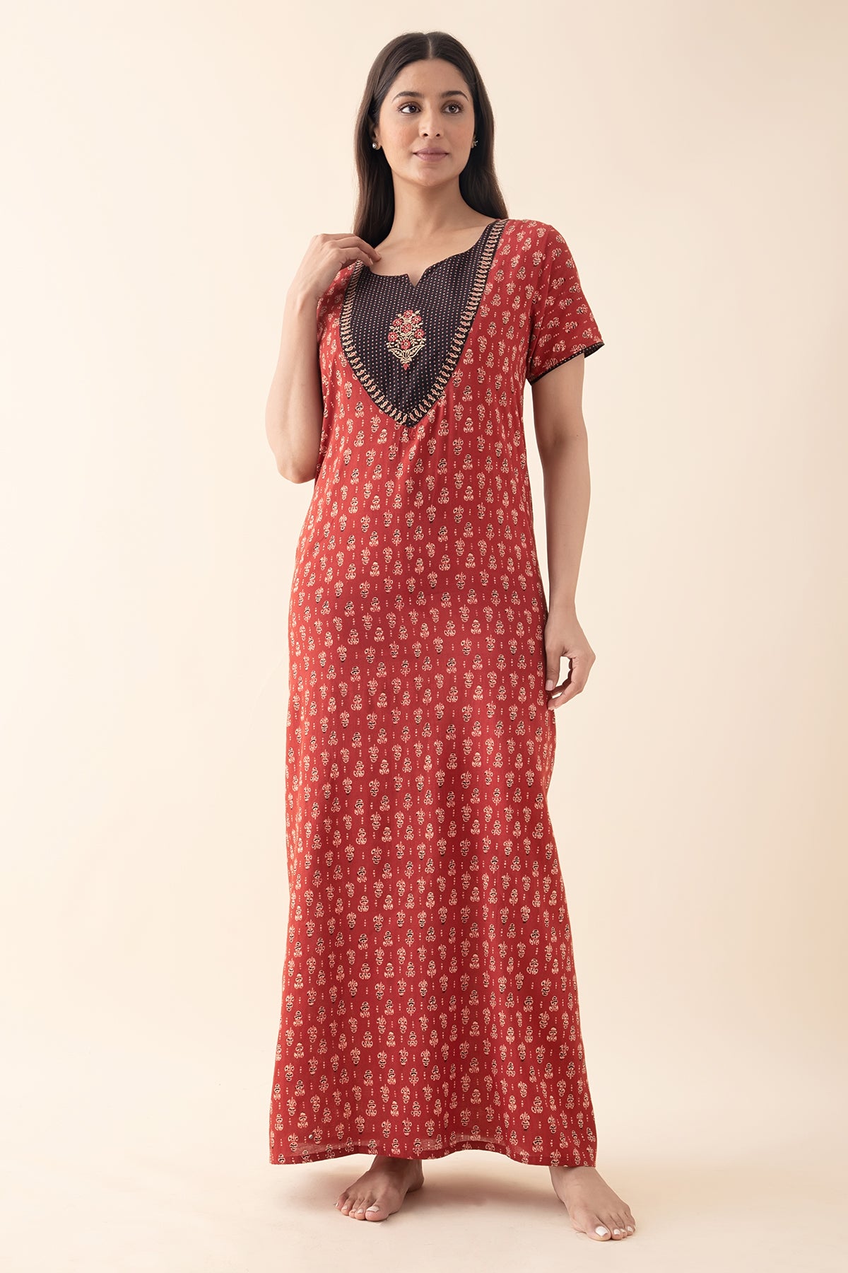 Floral Embroidered Ajrakh Printed Nighty - Rust