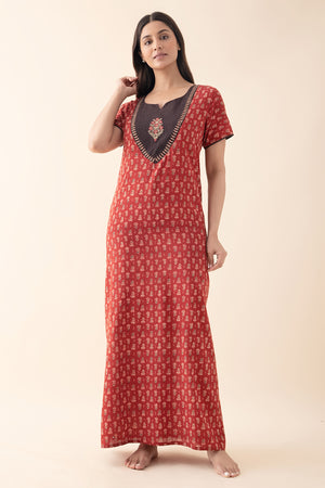 Floral Embroidered Ajrakh Printed Nighty - Rust