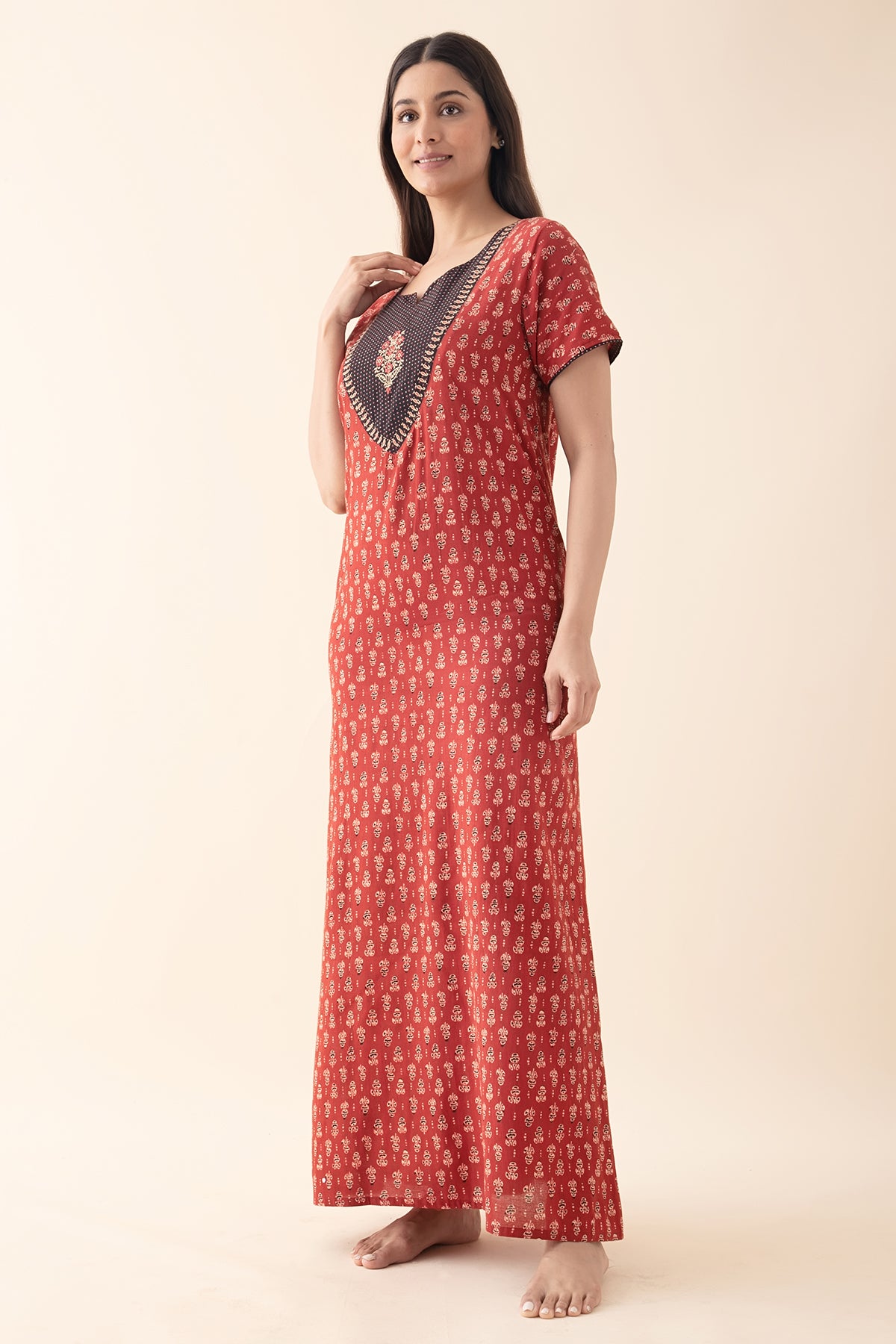 Floral Embroidered Ajrakh Printed Nighty - Rust