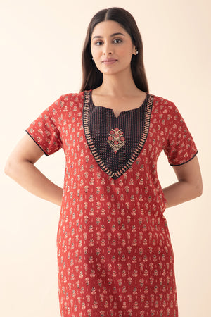 Floral Embroidered Ajrakh Printed Nighty - Rust