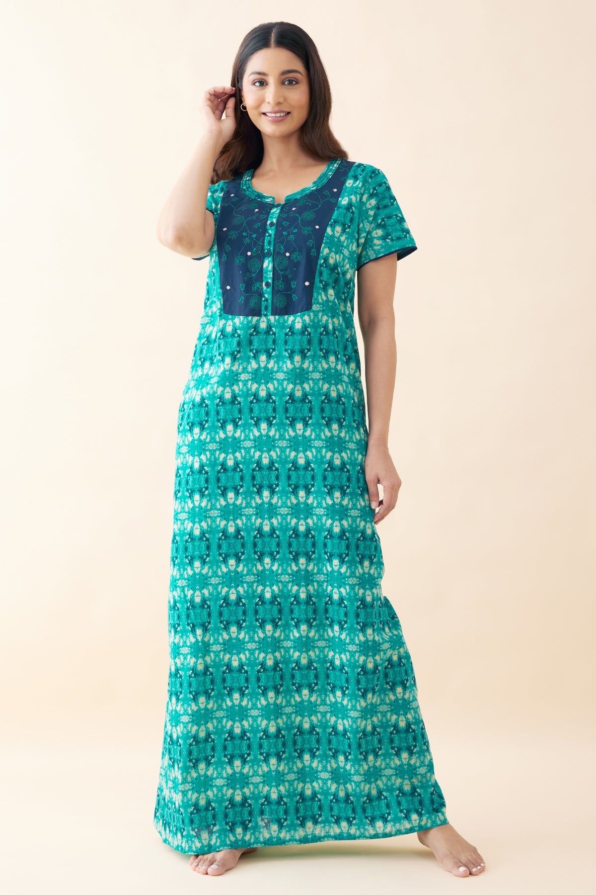 Abstract Printed & Embroidered Nighty - Green