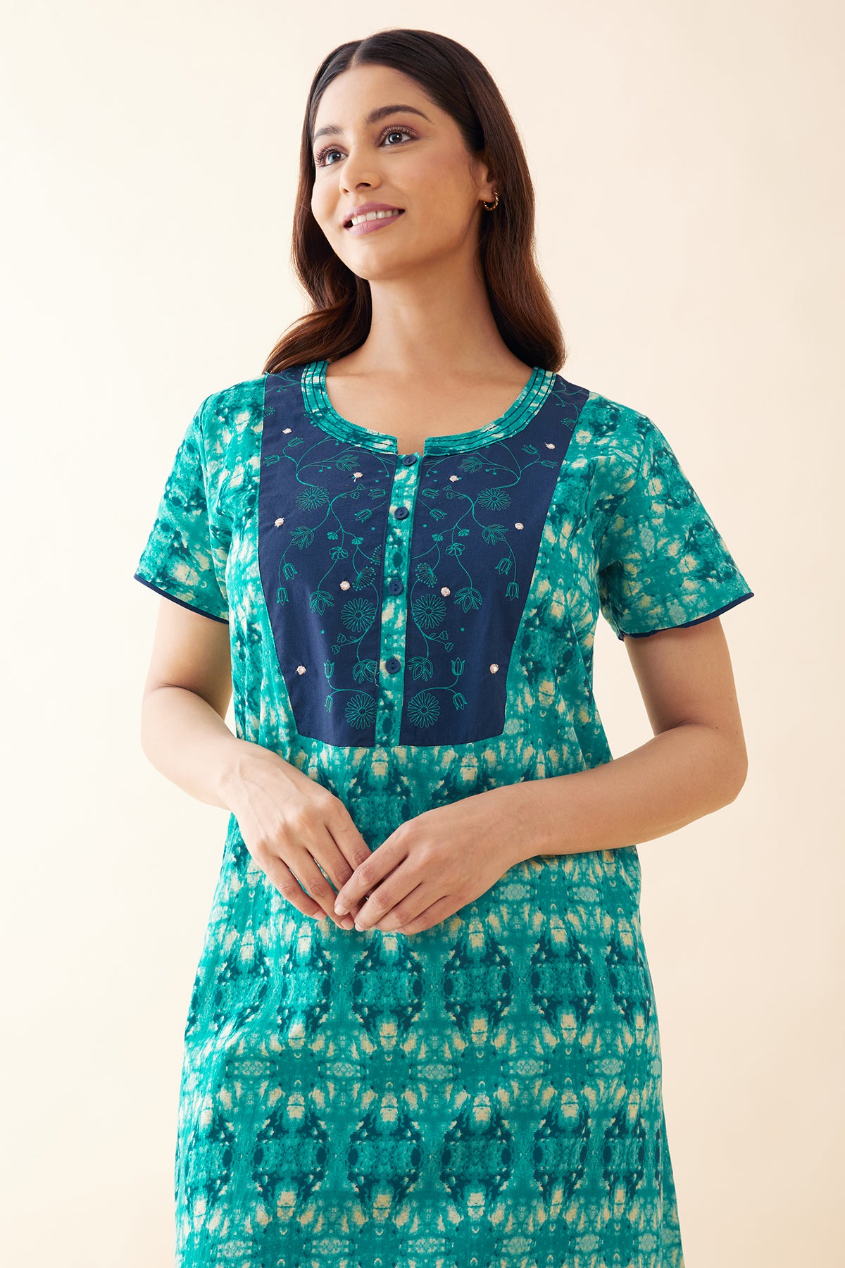 Abstract Printed & Embroidered Nighty - Green