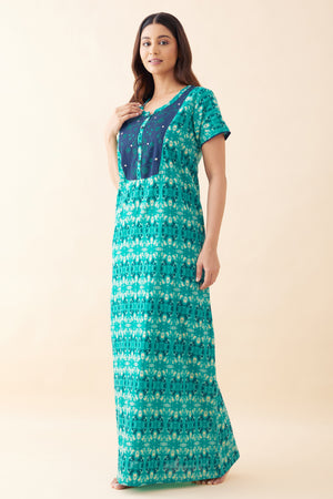 Abstract Printed & Embroidered Nighty - Green
