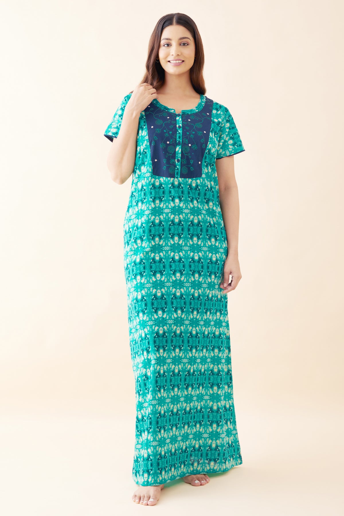 Abstract Printed & Embroidered Nighty - Green
