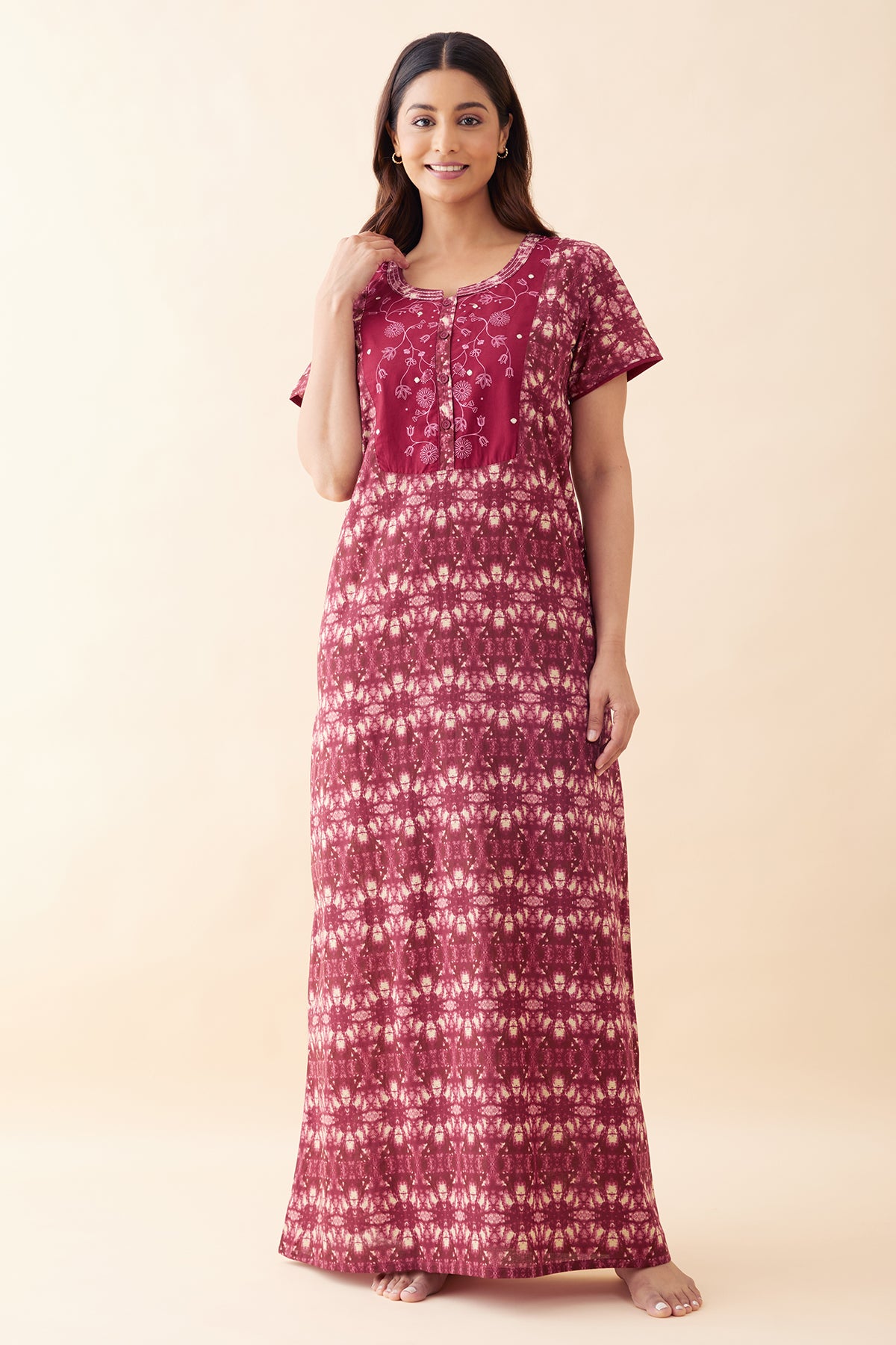 Abstract Printed & Embroidered Nighty - Maroon