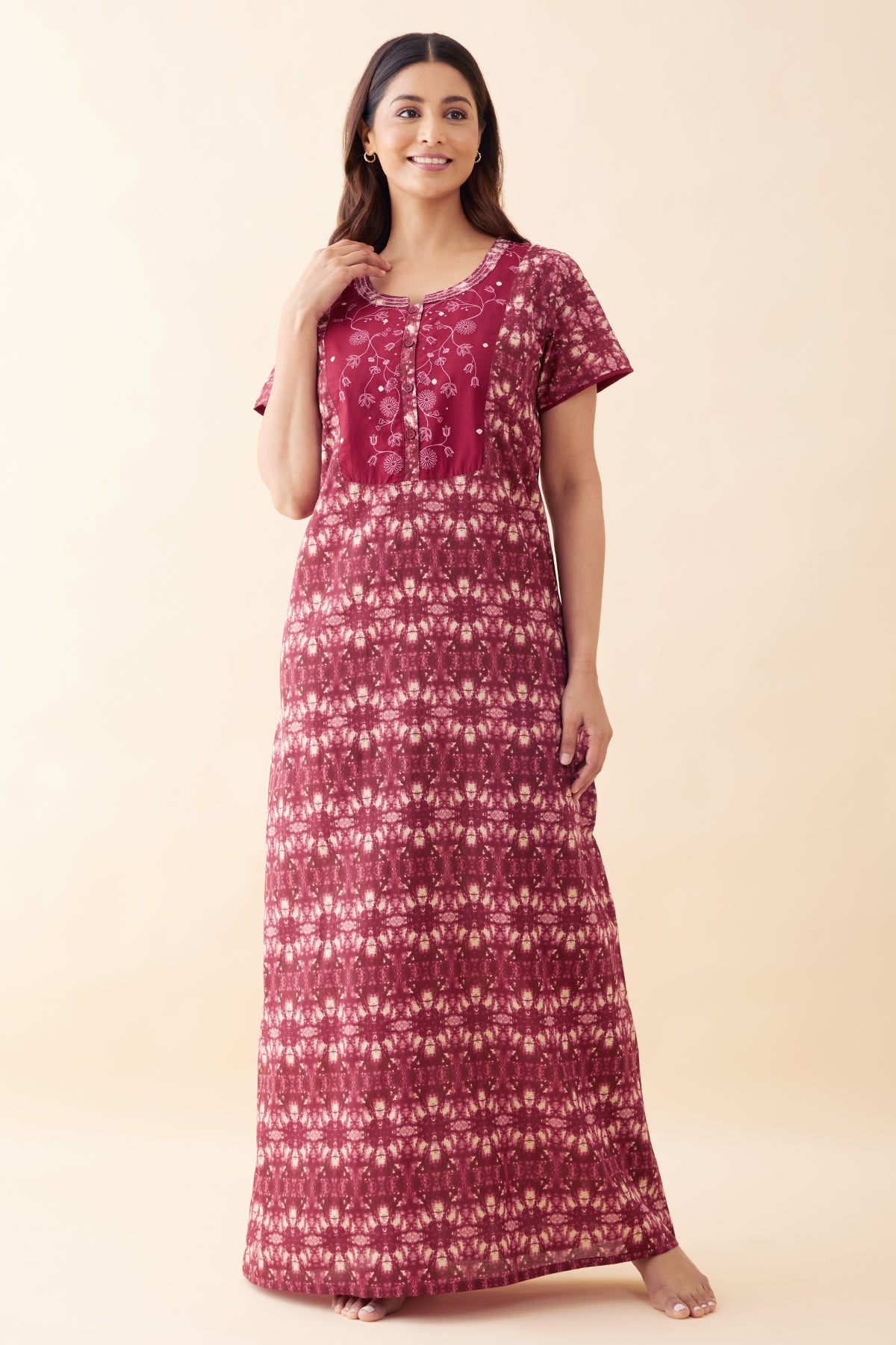 Abstract Printed & Embroidered Nighty - Maroon
