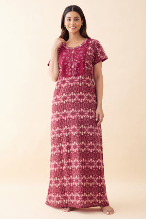 Abstract Printed & Embroidered Nighty - Maroon
