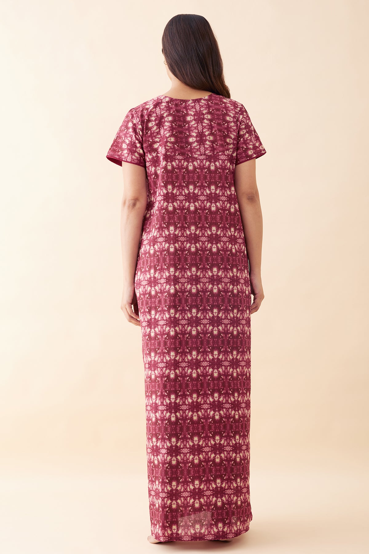 Abstract Printed & Embroidered Nighty - Maroon