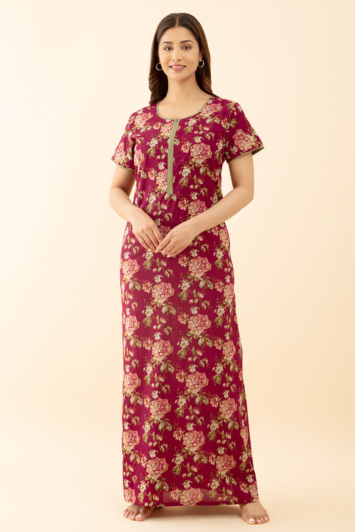 Maroon Nighty with Zip Vibrant Buttercup Pattern
