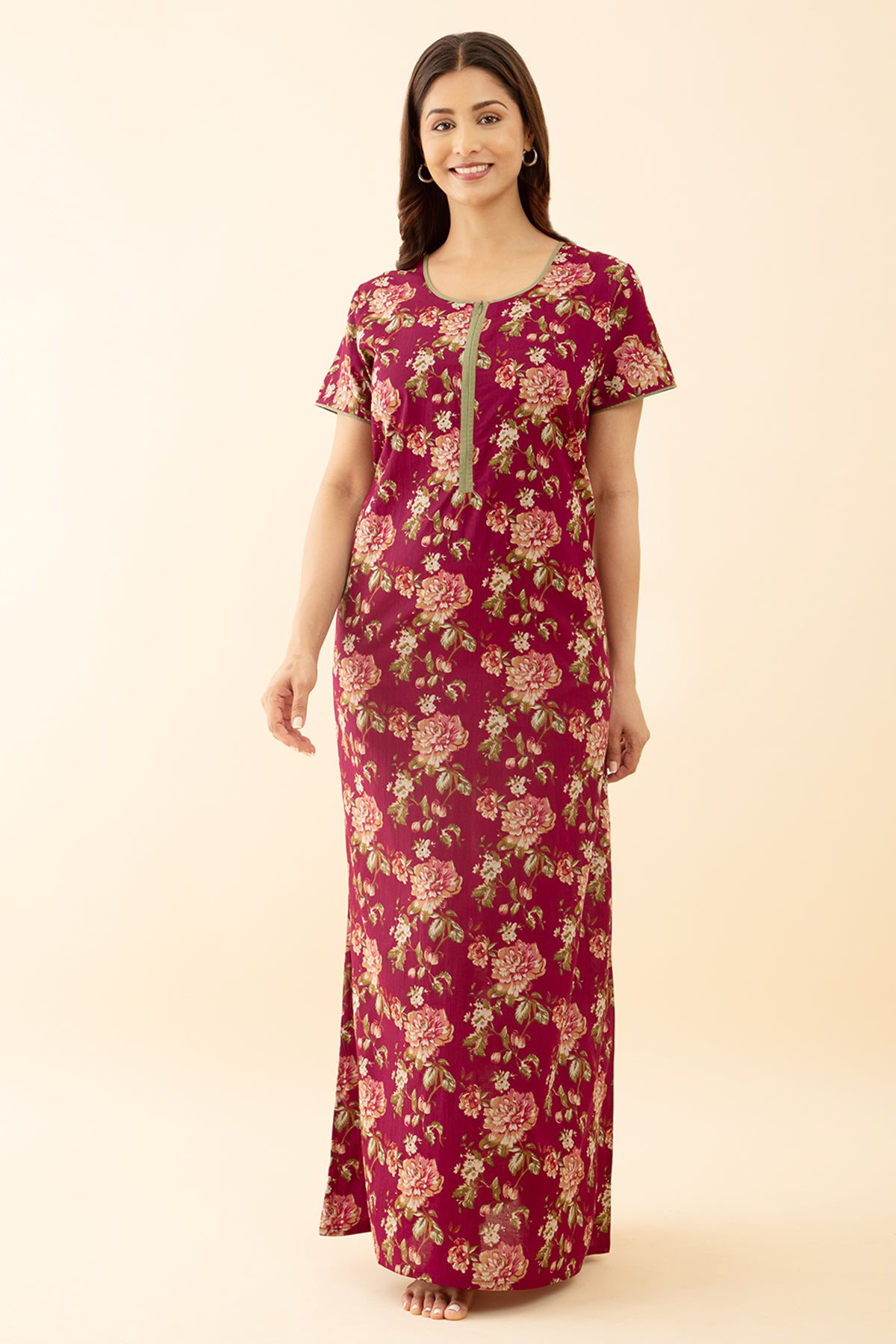 Maroon Nighty with Zip Vibrant Buttercup Pattern
