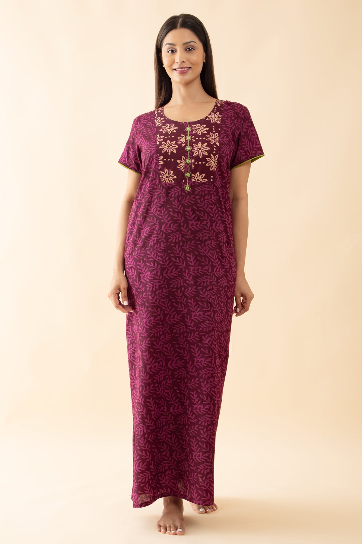 Jaipur Cotton Printed Nighty - Burgundy