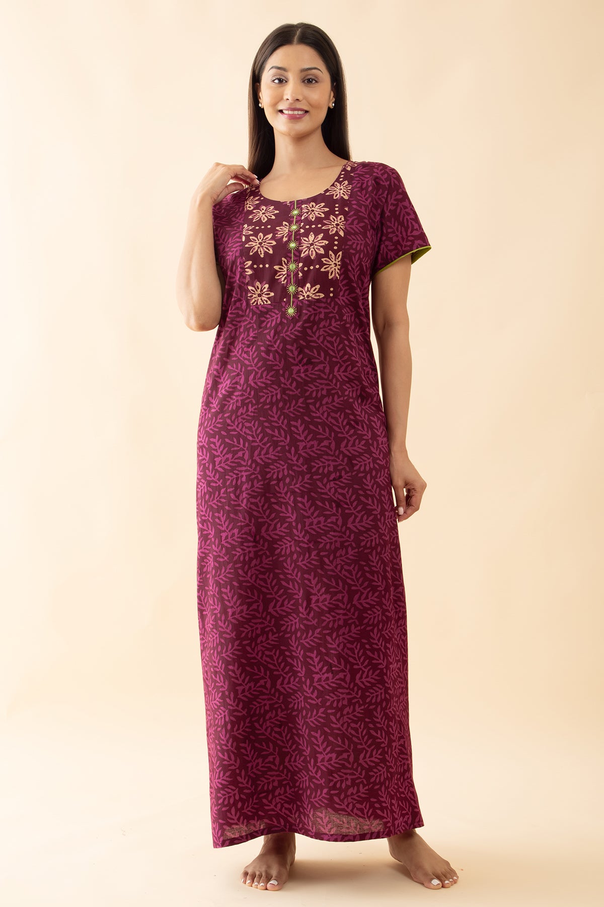 Jaipur Cotton Printed Nighty - Burgundy