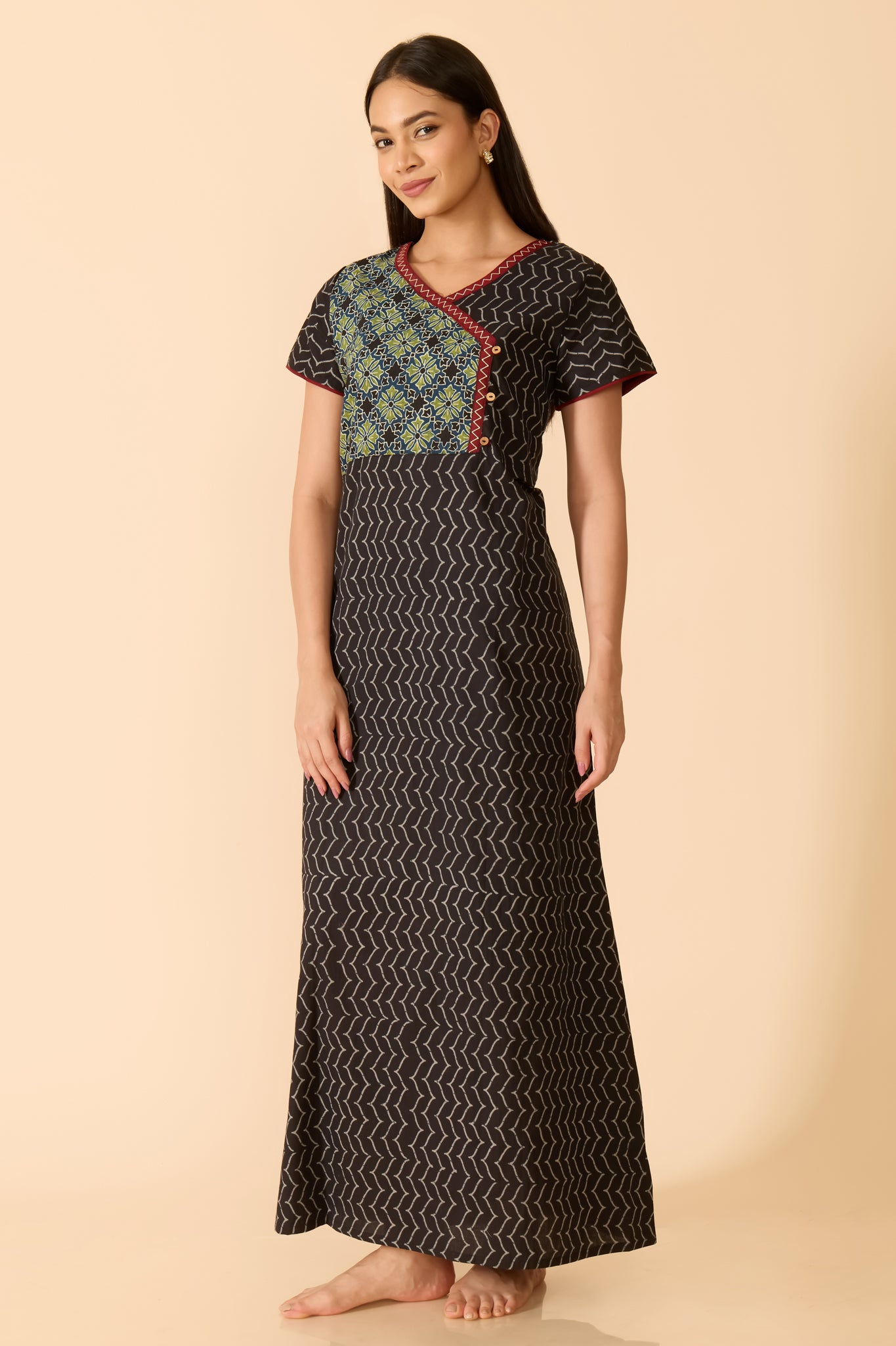 BLACK AJRAKH PRINTED COTTON NIGHTWEAR