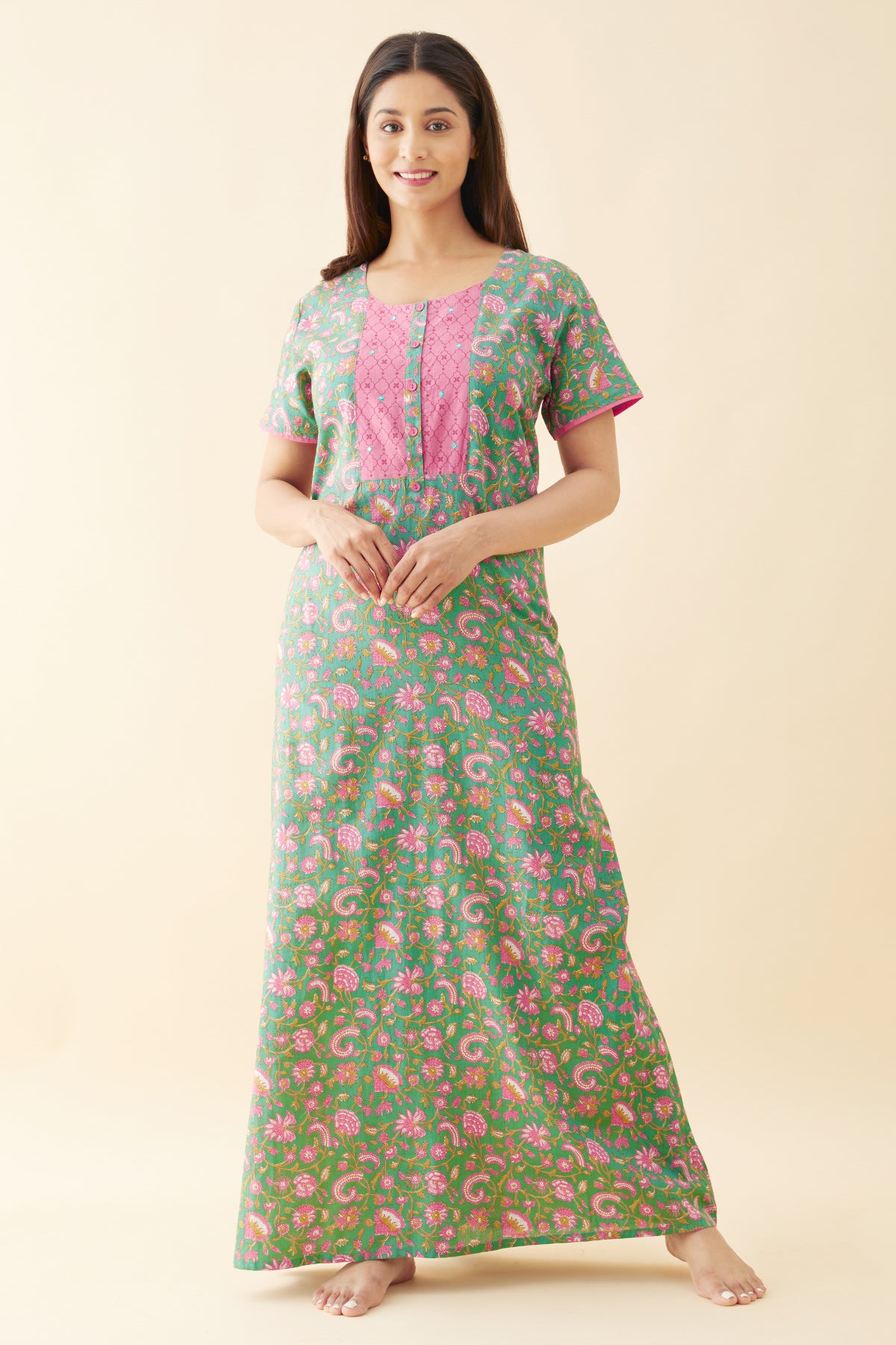 Jaipuri Floral Printed Nighty with Contrast Yoke - Green