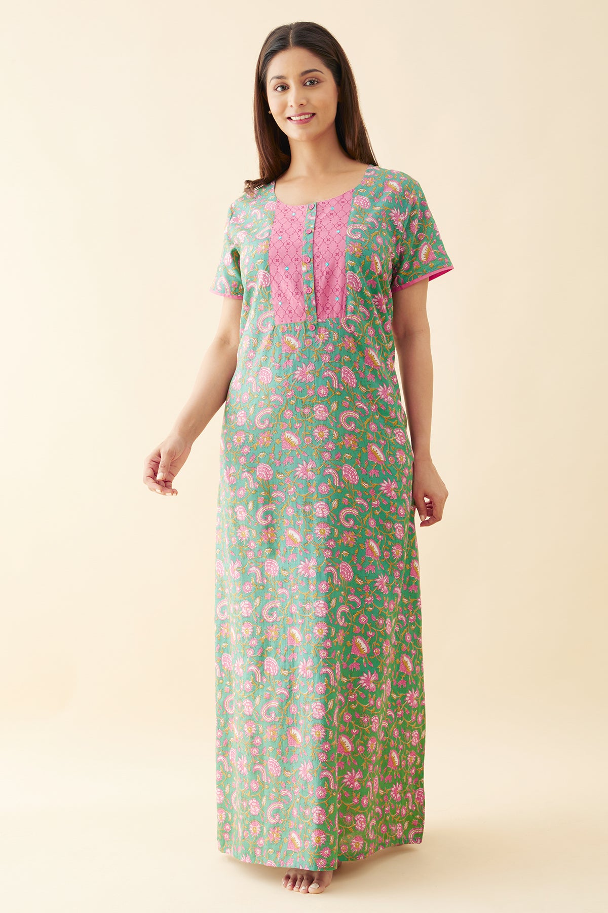 Jaipuri Floral Printed Nighty with Contrast Yoke - Green