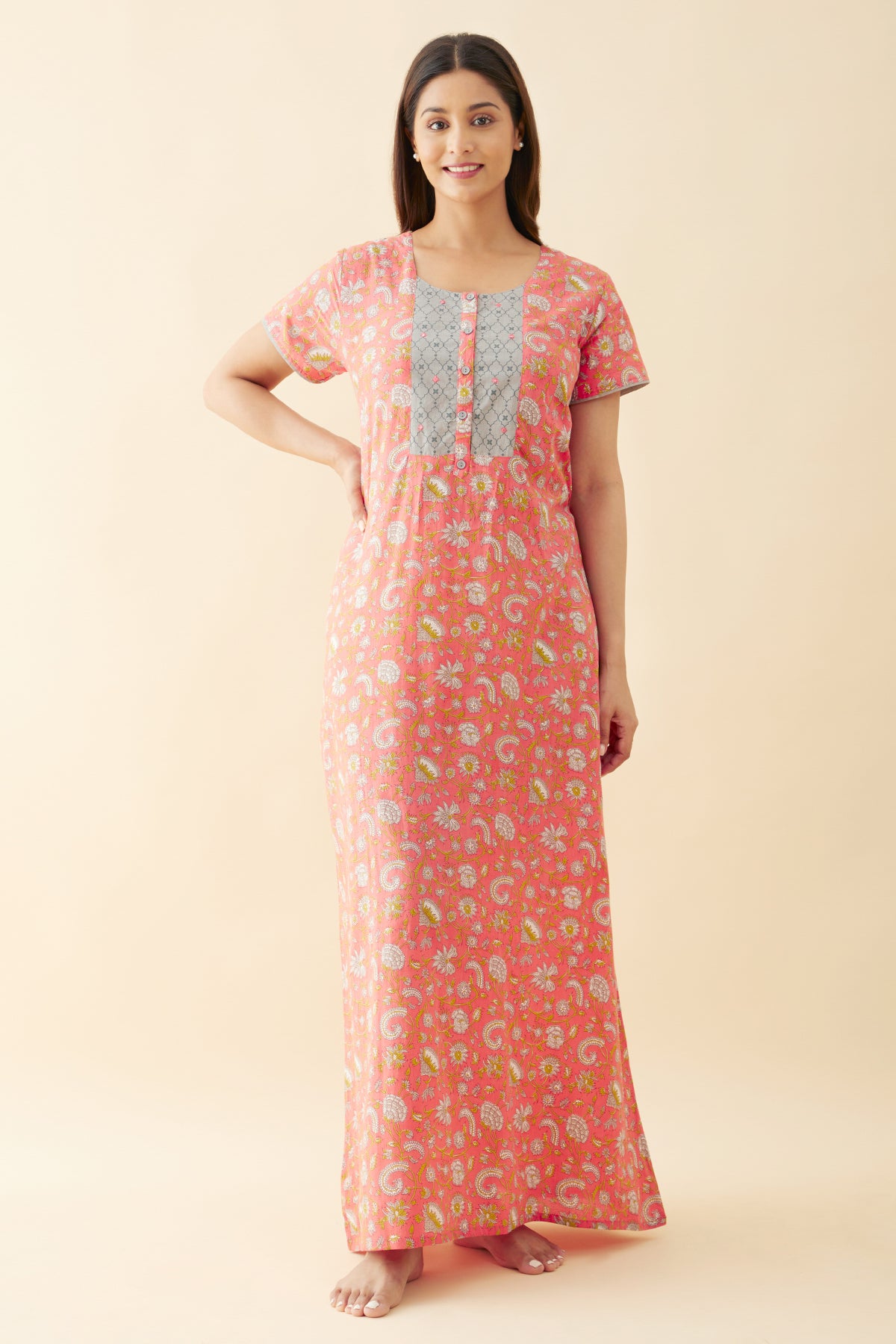 Jaipuri Floral Printed Nighty with Contrast Yoke Peach