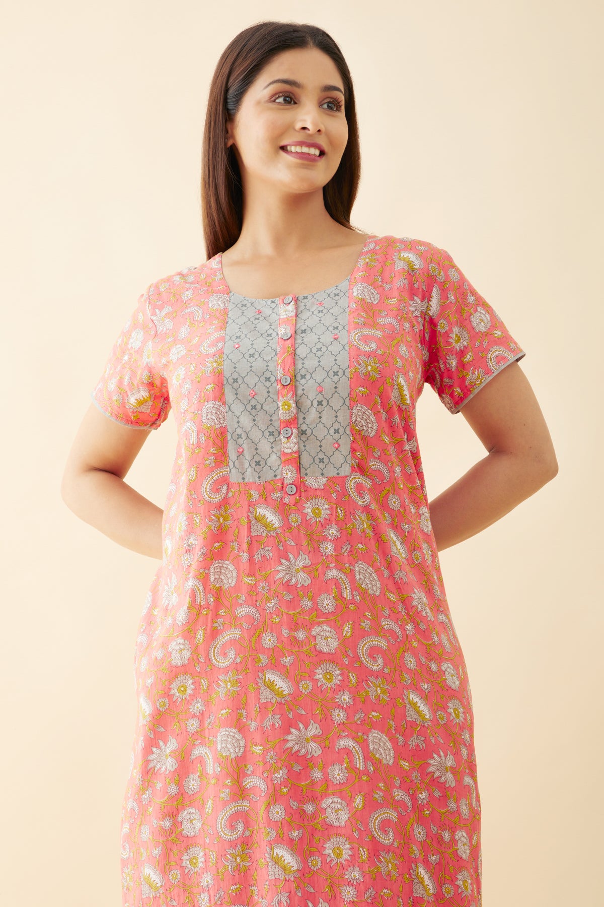 Jaipuri Floral Printed Nighty with Contrast Yoke Peach