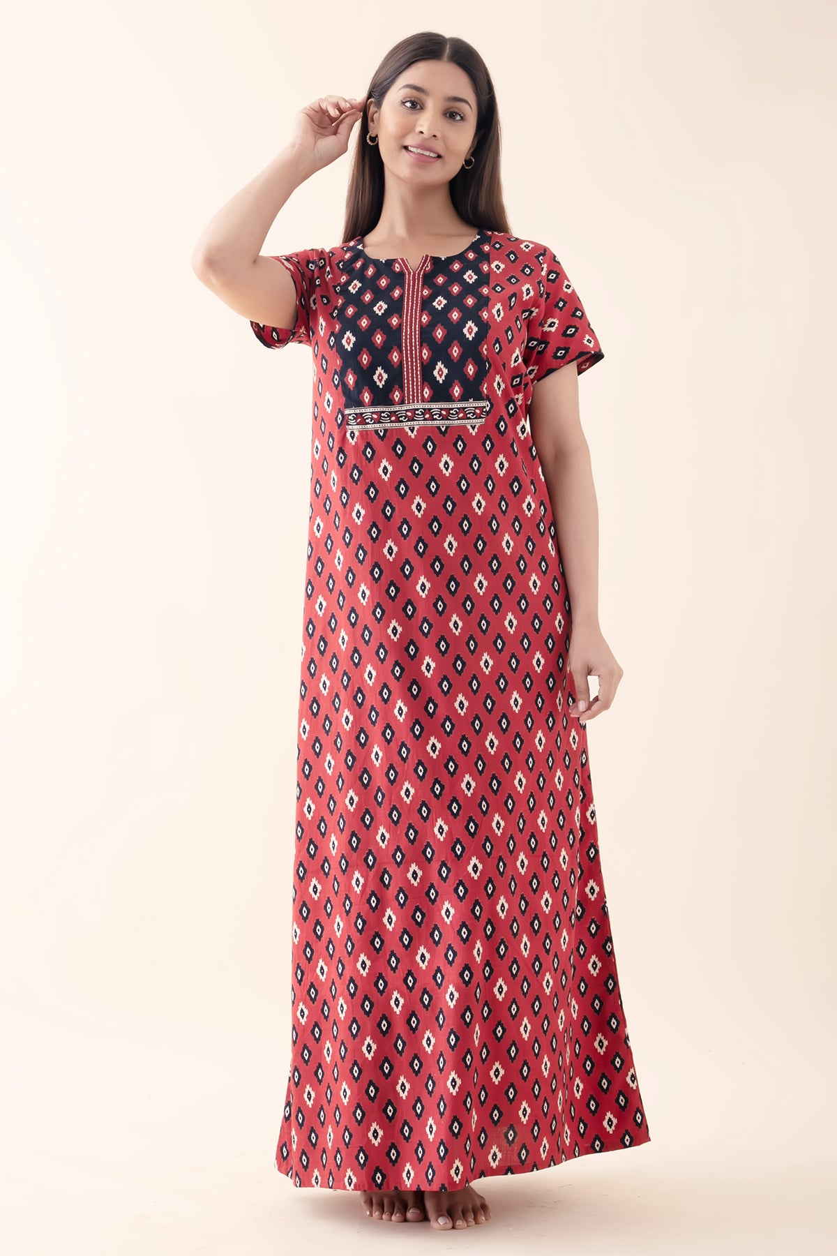 Geometric Printed Cotton Nighty - Maroon