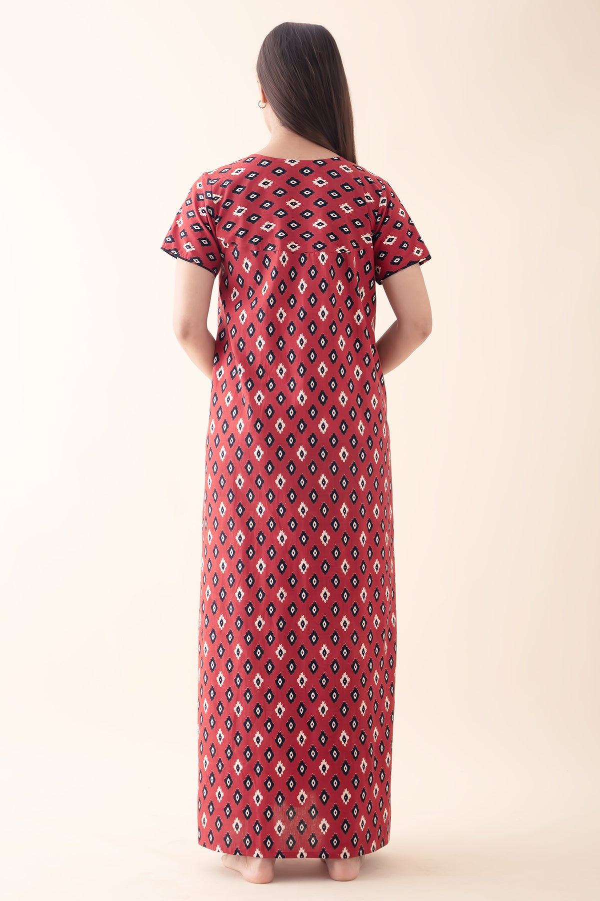 Geometric Printed Cotton Nighty - Maroon