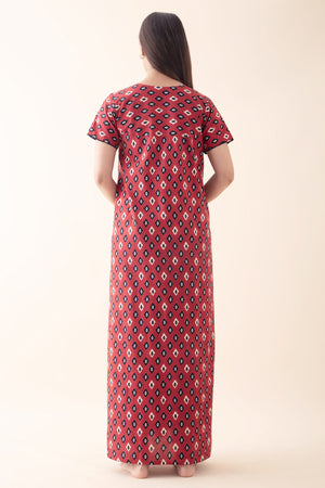 Geometric Printed Cotton Nighty - Maroon