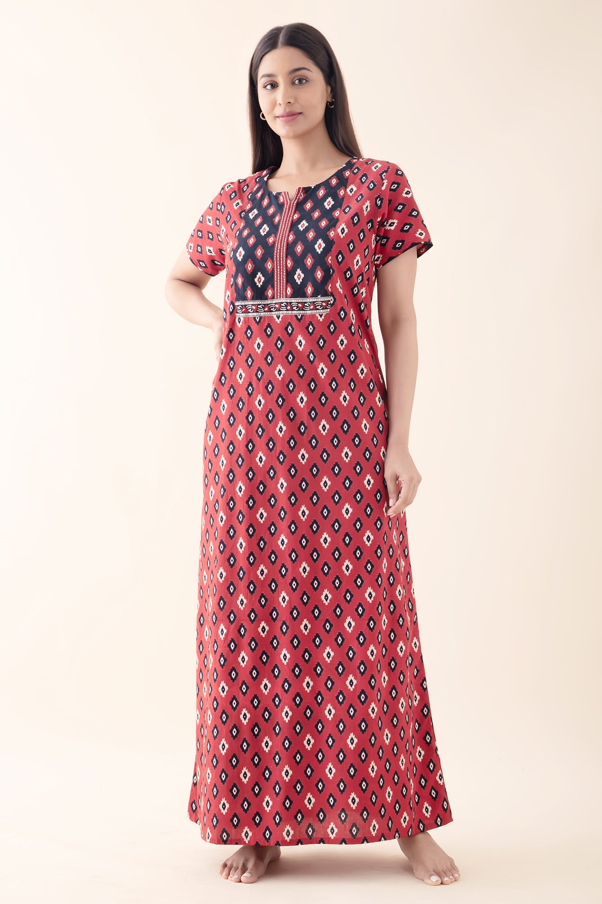 Geometric Printed Cotton Nighty - Maroon