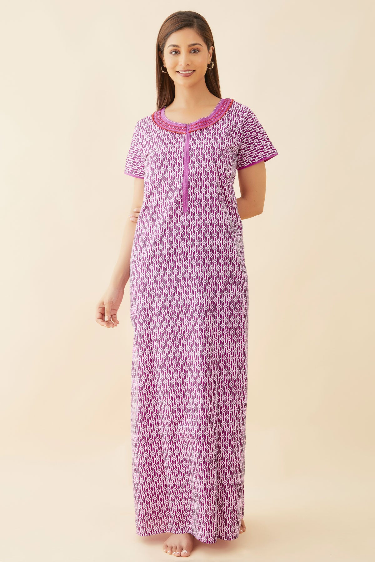 All Over Block Print With Contrast Geometric Embroidered Yoke Nighty - Purple